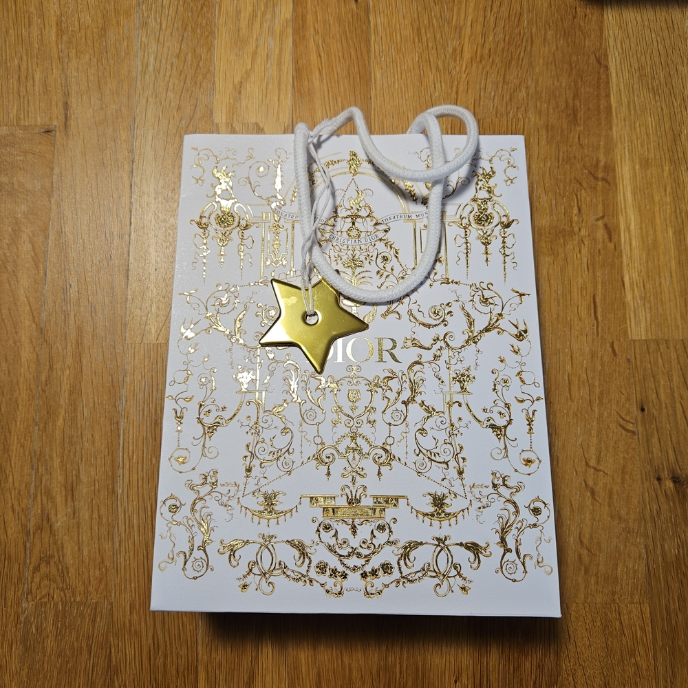 Dior 2025 Holiday White and Gold Small Shopping Bag with Gold Star Charm